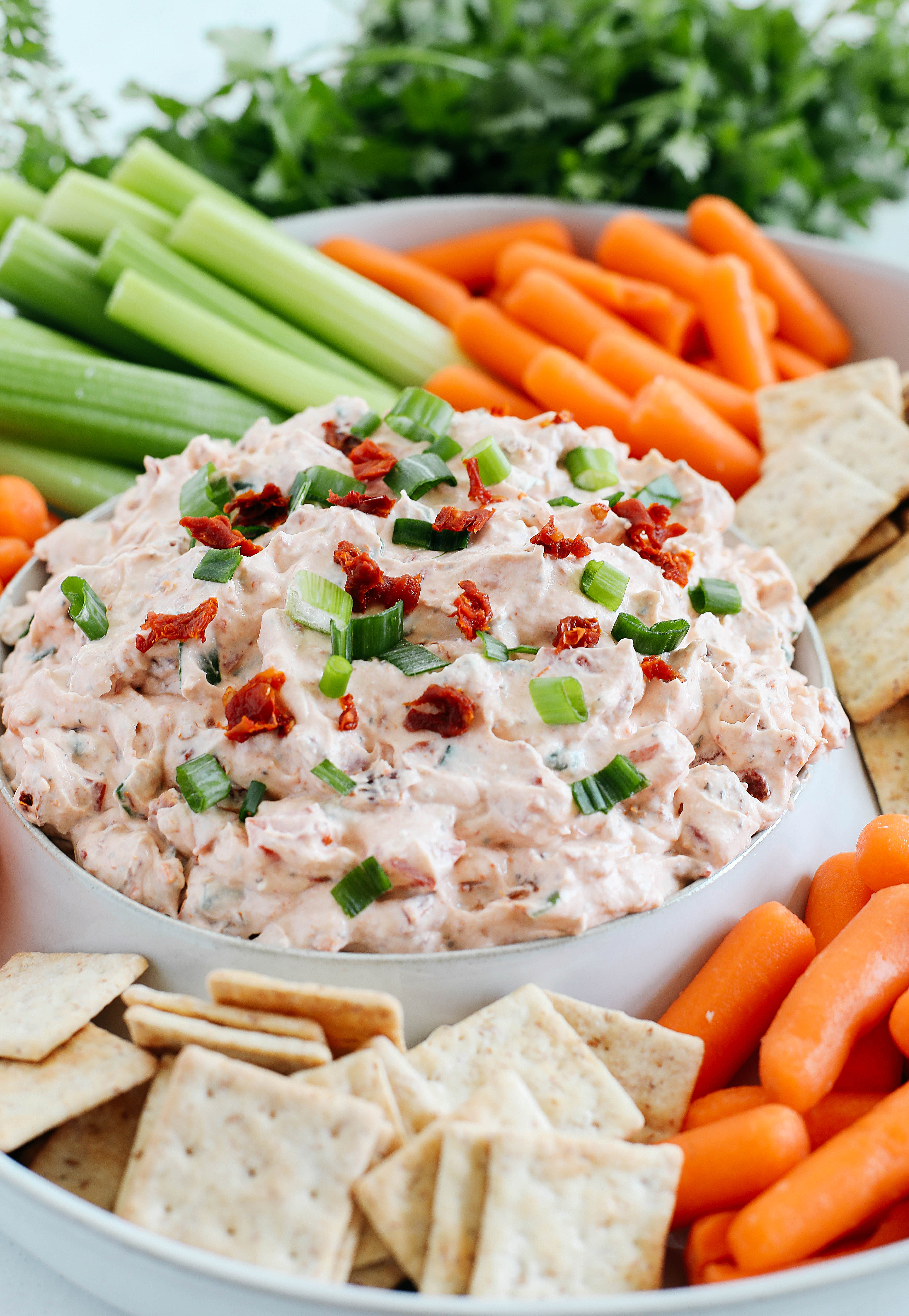 Creamy and delicious Sun Dried Tomato Dip with tons of flavor and easily made in just minutes for the perfect crowd-pleasing appetizer!