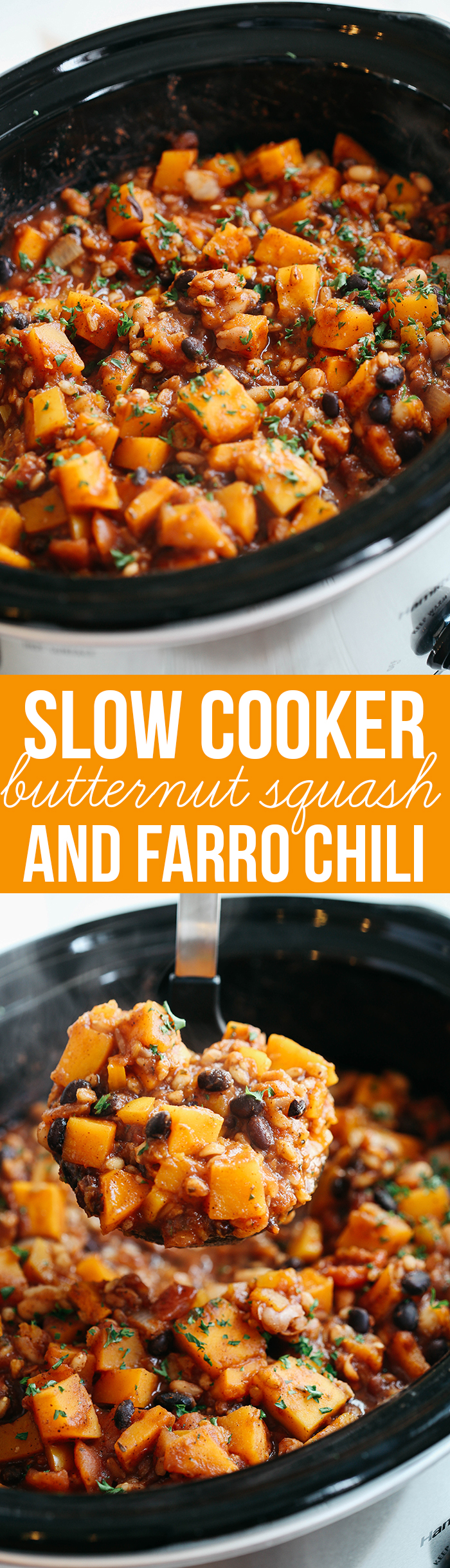 This Slow Cooker Butternut Squash and Farro Chili is healthy, hearty and the perfect delicious recipe to warm you up in the colder months!