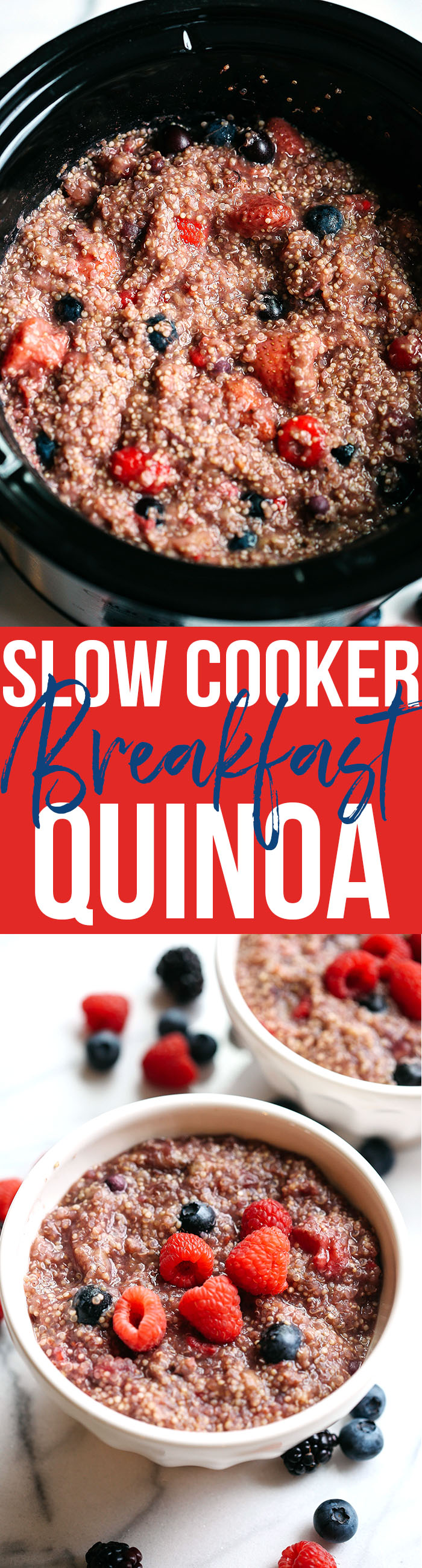This protein-packed Slow Cooker Berry Breakfast Quinoa is the perfect way to start your mornings and can easily be made by throwing just a few simple ingredients into your crock pot!