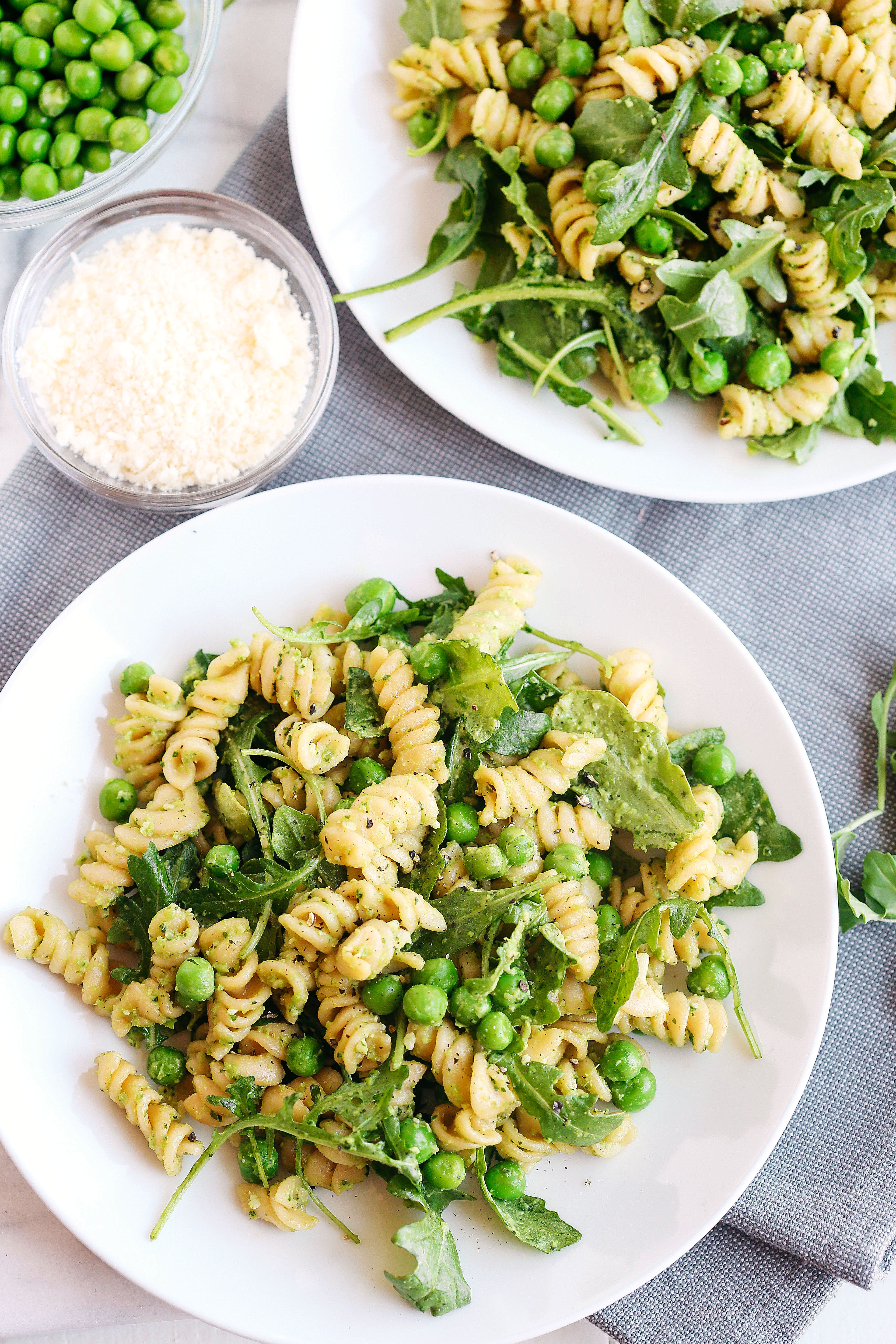 This light and fresh 5 Minute Pea and Arugula Pesto Pasta Salad is the perfect meal or side dish that can easily be made in just minutes!
