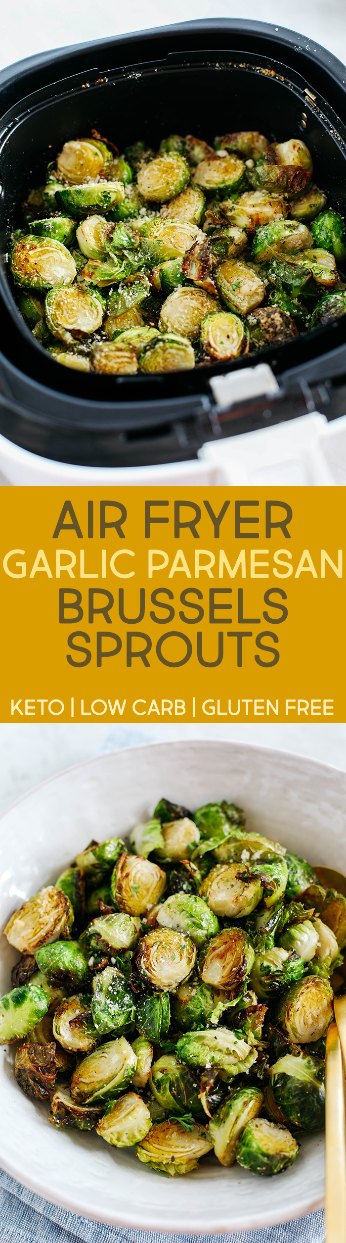 Crispy Garlic Parmesan Brussels Sprouts easily cooked in your air fryer in just 15 minutes for a delicious healthy snack or side dish!