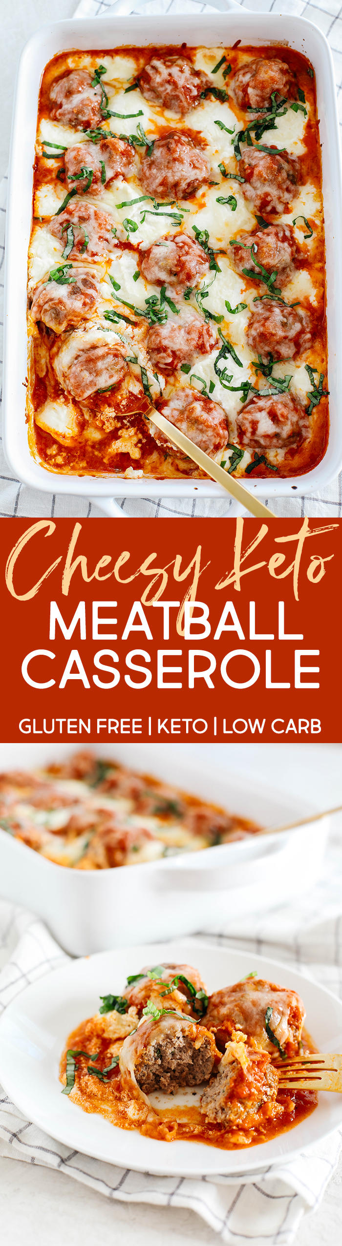 This Cheesy KETO Meatball Casserole is delicious and super filling with homemade meatballs topped with creamy ricotta cheese, mozzarella and parmesan for the perfect low carb meal your whole family will enjoy! #keto #lowcarb