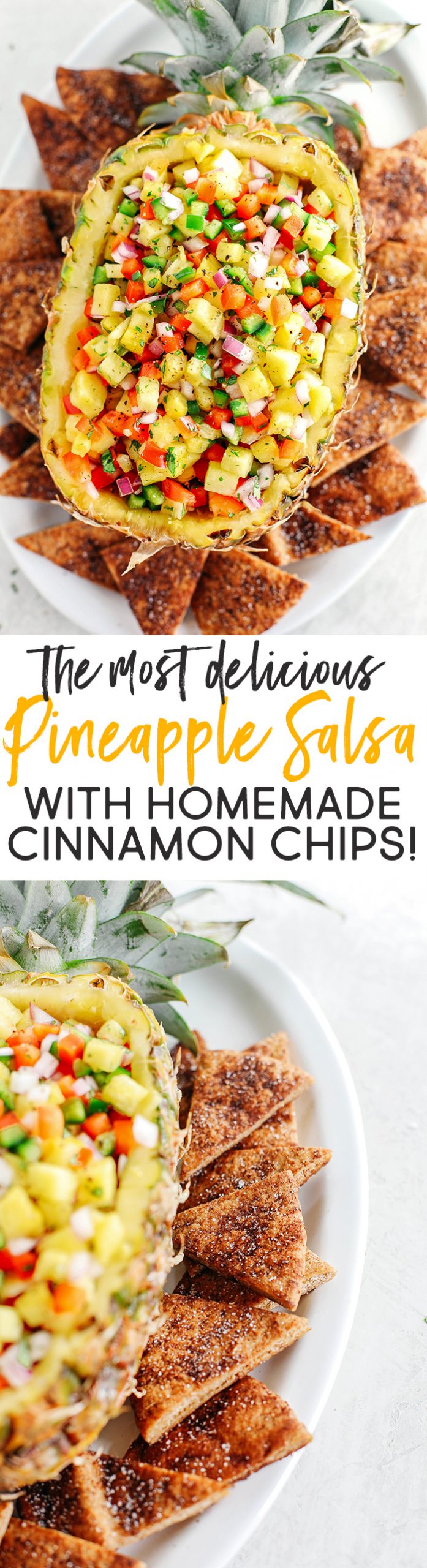 Bright and tropical pineapple salsa made with fresh ingredients and served with the BEST homemade cinnamon pita chips for the perfect summer appetizer!