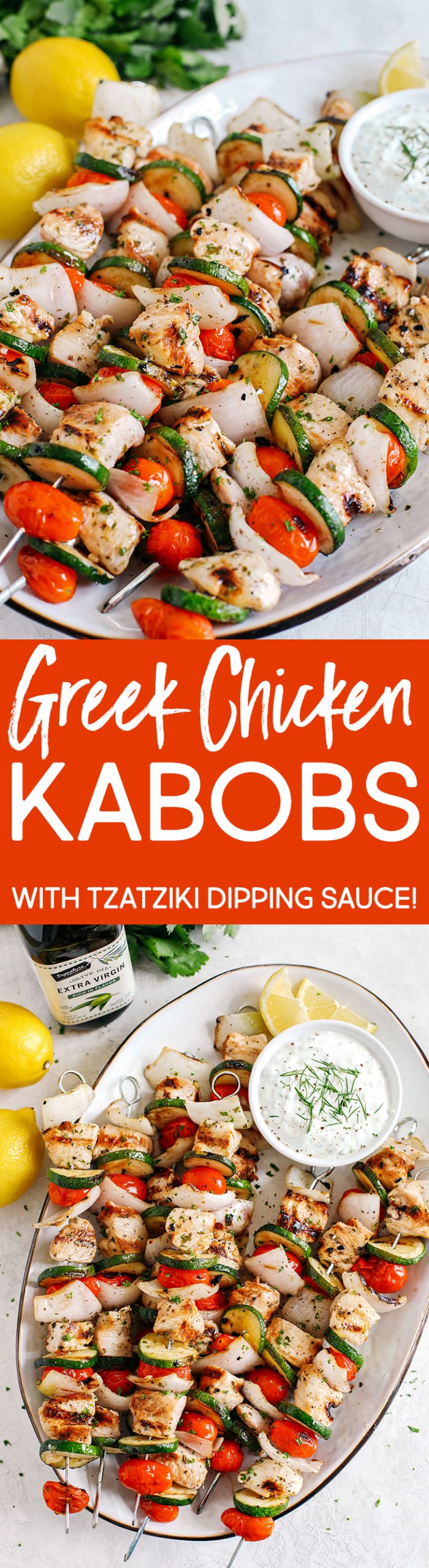 Super flavorful Greek Chicken Kabobs marinated in zesty lemon juice, garlic and fresh herbs and served with homemade tzatziki dipping sauce!