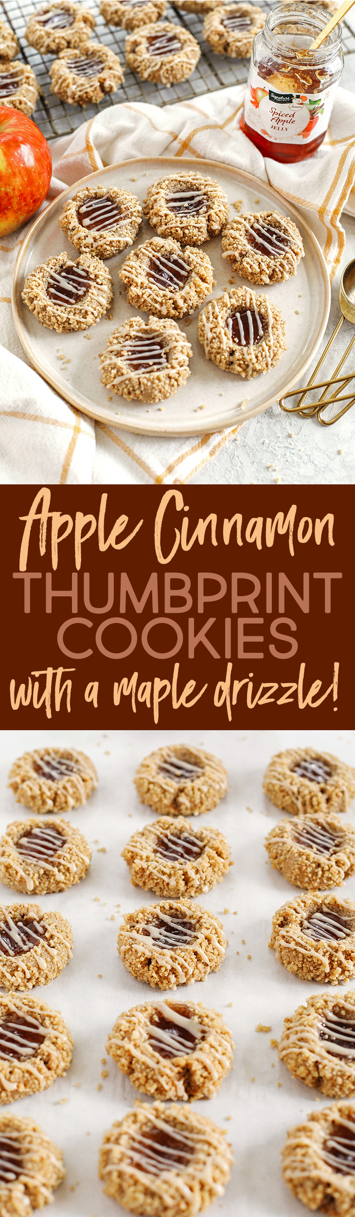 The most delicious gluten-free Apple Cinnamon Thumbprint Cookies that are soft and chewy, filled with spiced apple jelly and drizzled with maple icing for the perfect fall dessert!