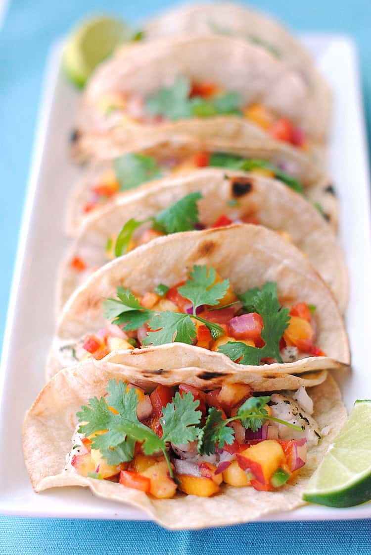 Tilapia Tacos with Peach Mango Salsa