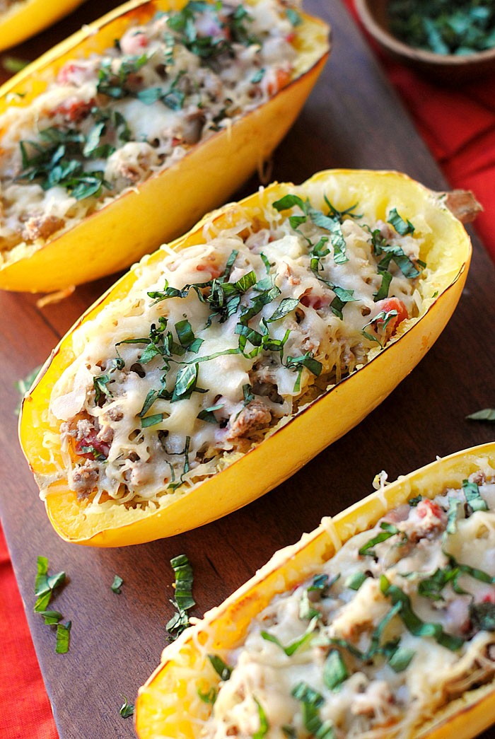 Spaghetti Squash Boats with Spicy Sausage | Eat Yourself Skinny 