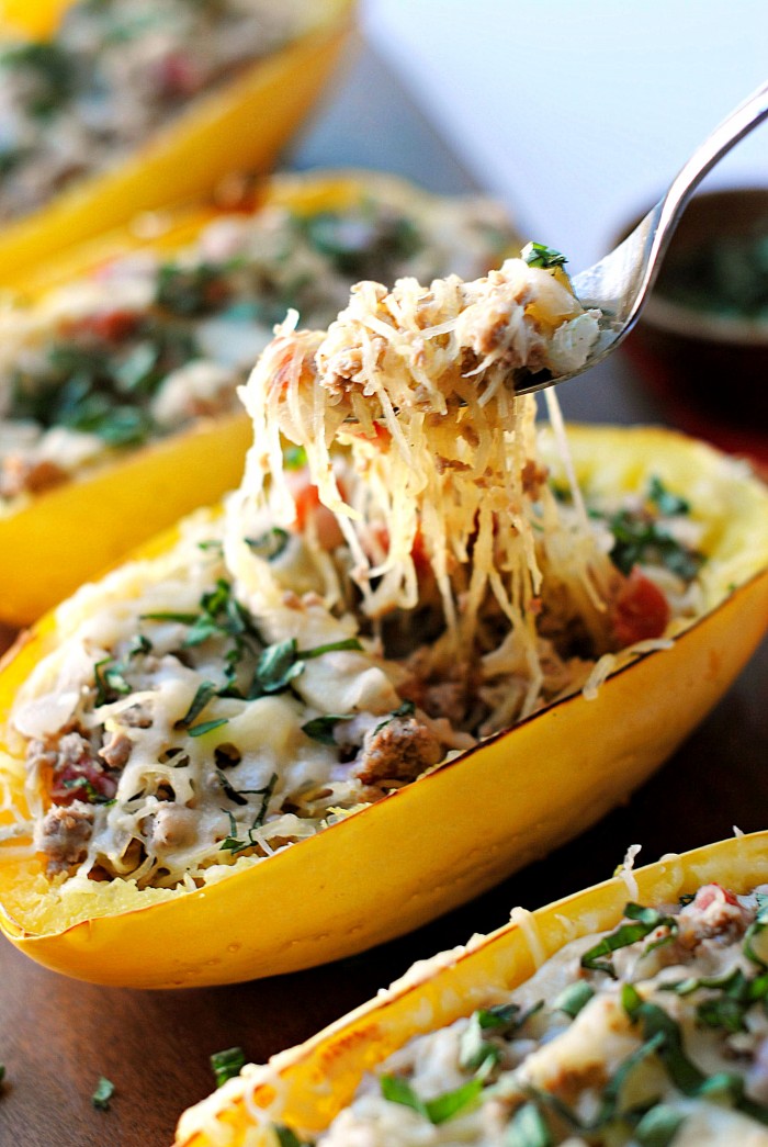 Spaghetti Squash Boats with Spicy Sausage | Eat Yourself Skinny 
