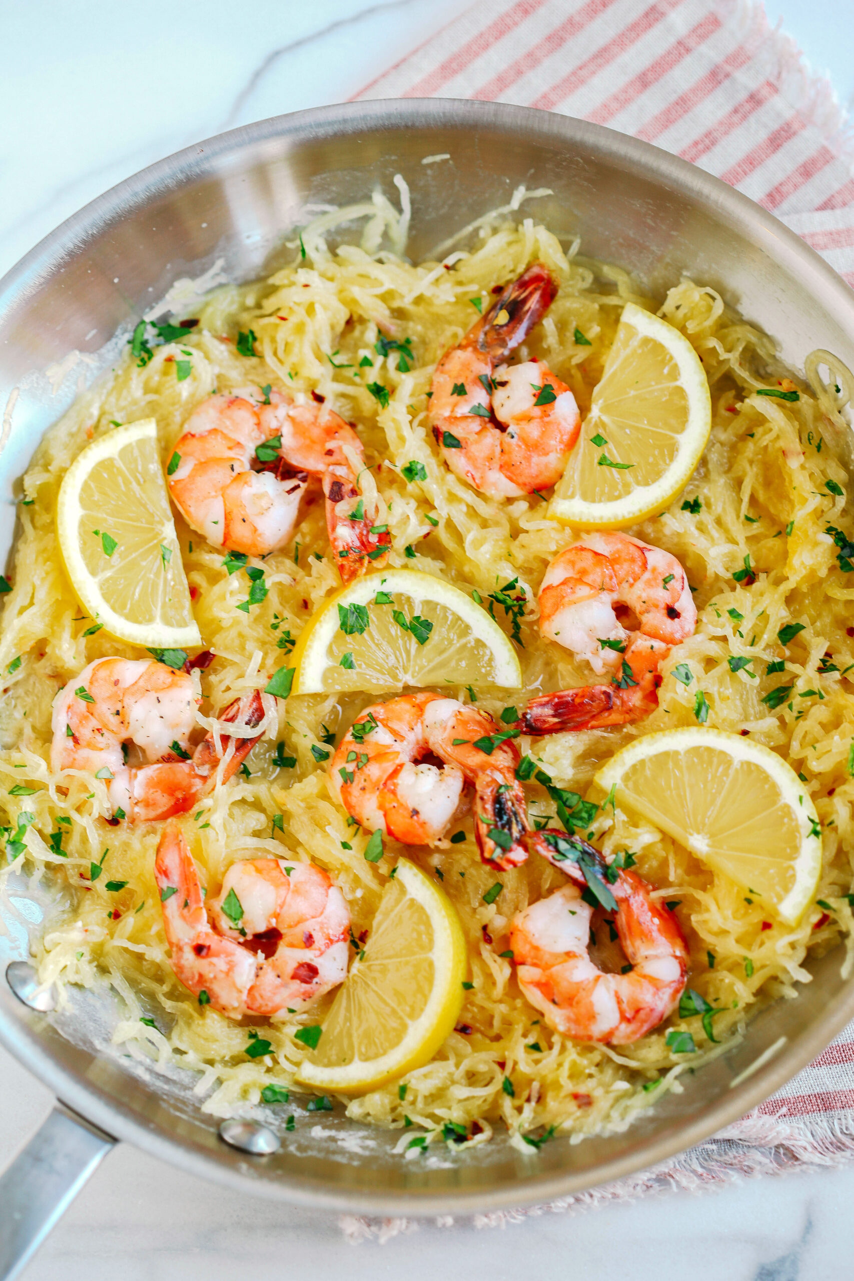 Lemon and Herb Spaghetti Squash with Shrimp via Eat Yourself Skinny