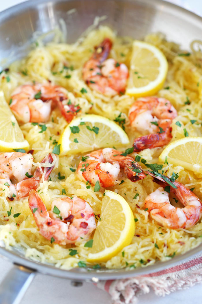 Lemon And Herb Spaghetti Squash With Roasted Shrimp Eat Yourself Skinny