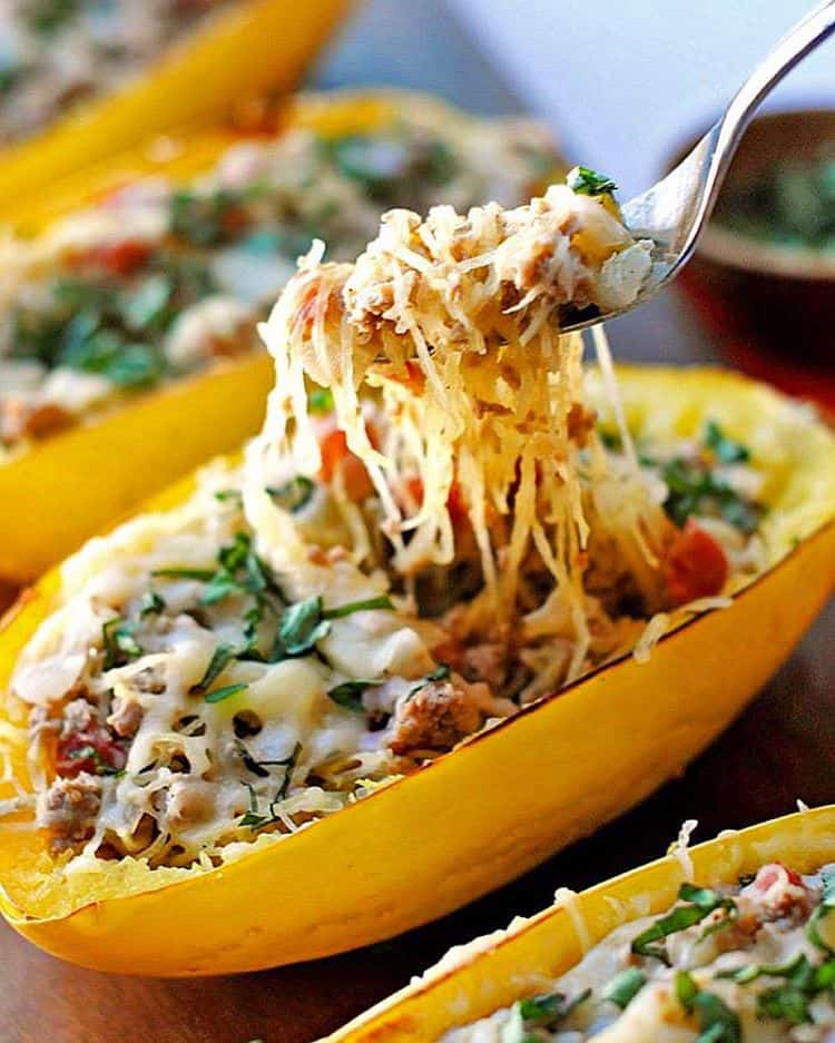 Spaghetti Squash Boats with Spicy Sausage