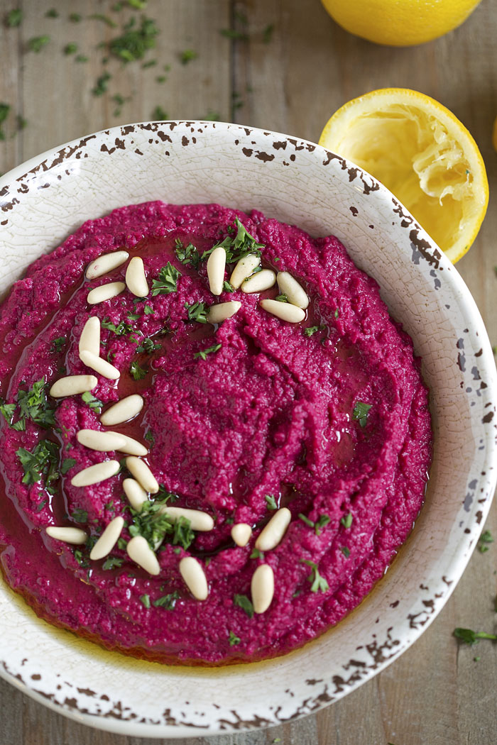 This Creamy Roasted Beet Hummus is gluten-free, dairy-free, vegan and a FAVORITE in our house! eat-yourself-skinny.com