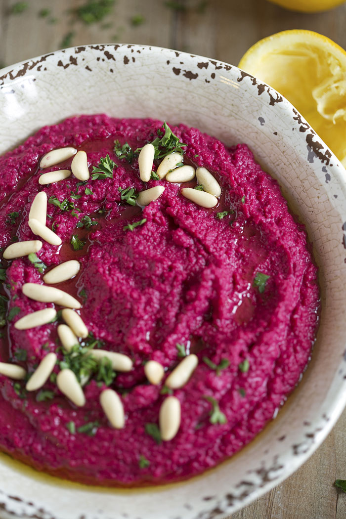 This Creamy Roasted Beet Hummus is gluten-free, dairy-free, vegan and a FAVORITE in our house! eat-yourself-skinny.com