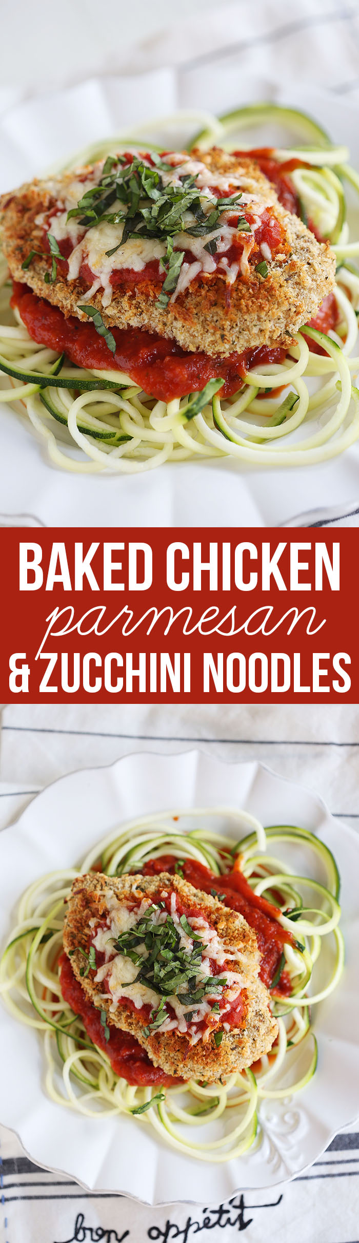 This recipe for Baked Chicken Parmesan with Zucchini Noodles is healthy, delicious and can easily be made in just 30 minutes or less!