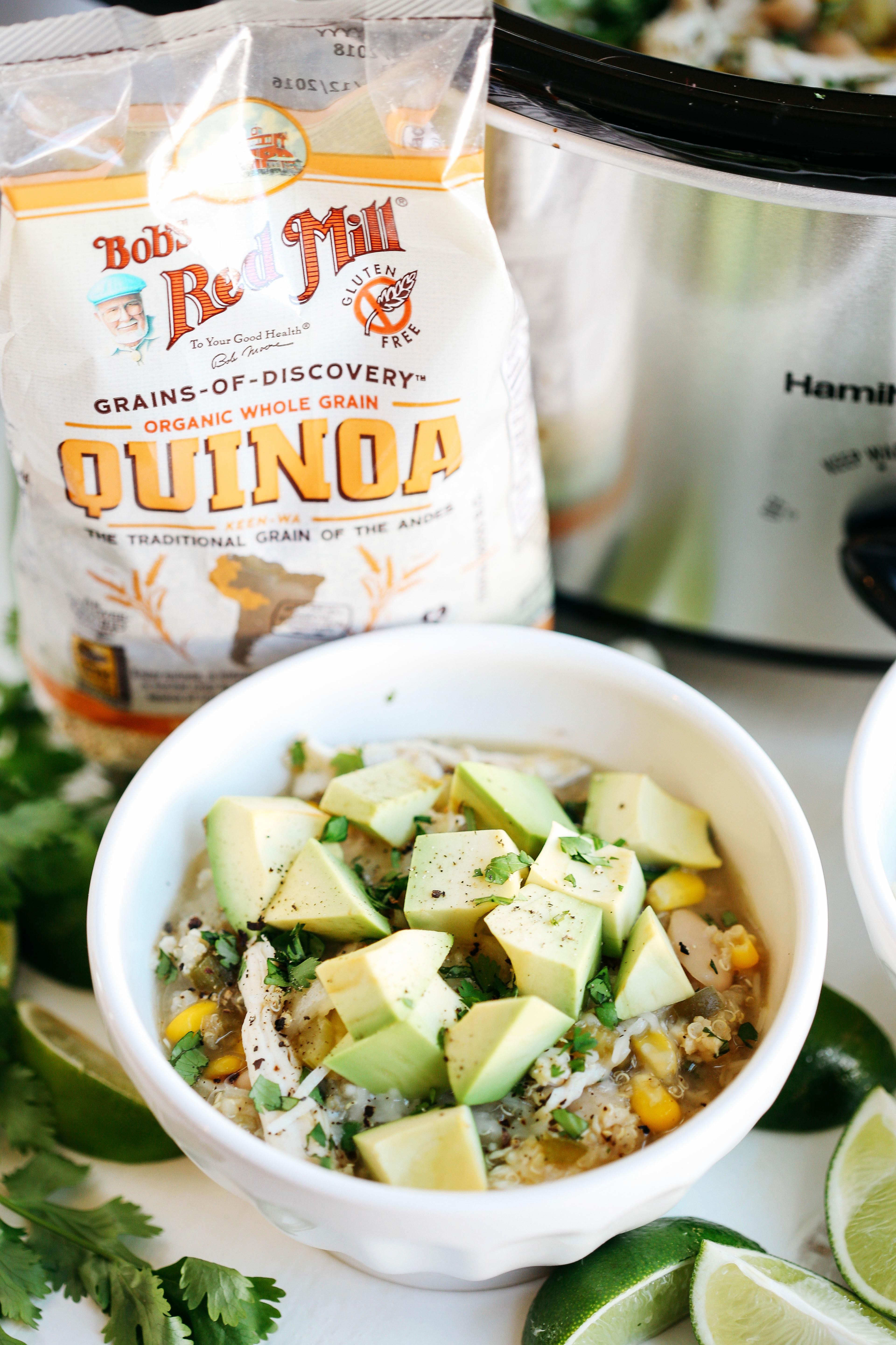 This Slow Cooker White Chicken and Quinoa Chili is the perfect blend of hearty and healthy that will keep you warm and cozy all winter long!