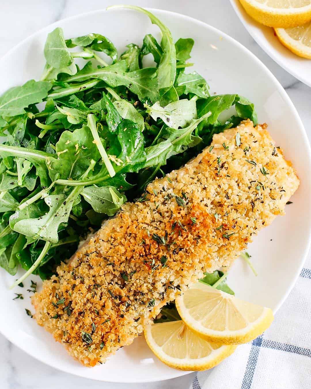 Hummus Crusted Salmon with Lemon Arugula Salad