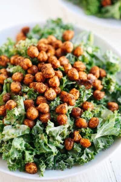 Roasted Chickpea Kale Salad with Tahini Dressing - Eat Yourself Skinny