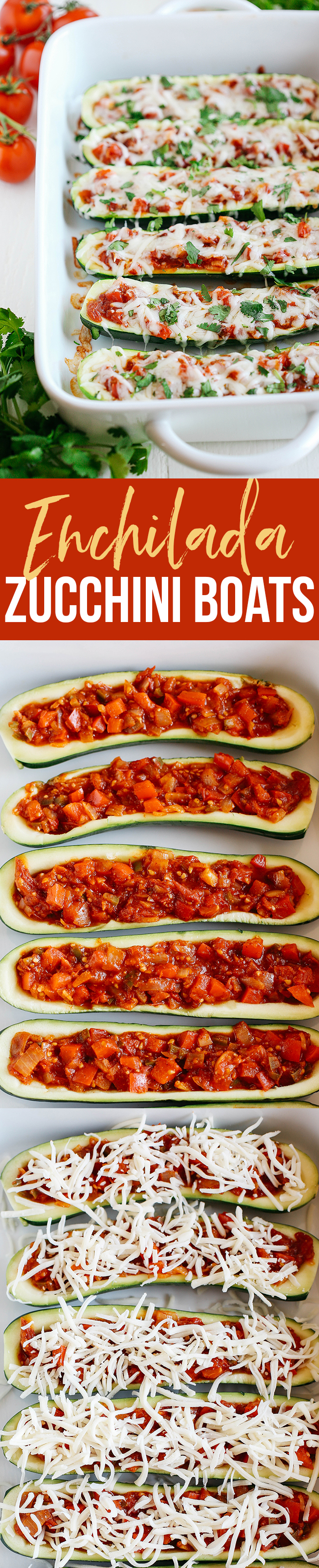 These Enchilada Stuffed Zucchini Boats are super flavorful, easy to make and are a much healthier alternative to your favorite dish!
