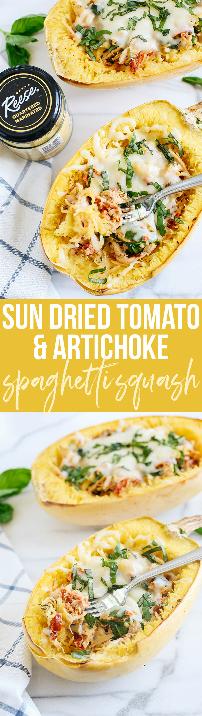 These Sun Dried Tomato and Artichoke Spaghetti Squash Boats are cheesy, delicious and make the perfect weeknight comfort meal that you can enjoy guilt-free!