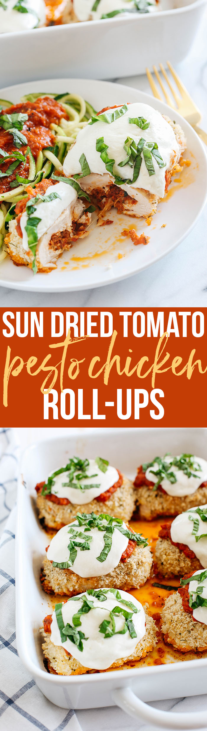 This recipe for Sun Dried Tomato Pesto Chicken Rolls makes the perfect weeknight comfort meal that is cheesy and delicious with even tastier leftovers!  Serve with zucchini noodles for a complete meal!