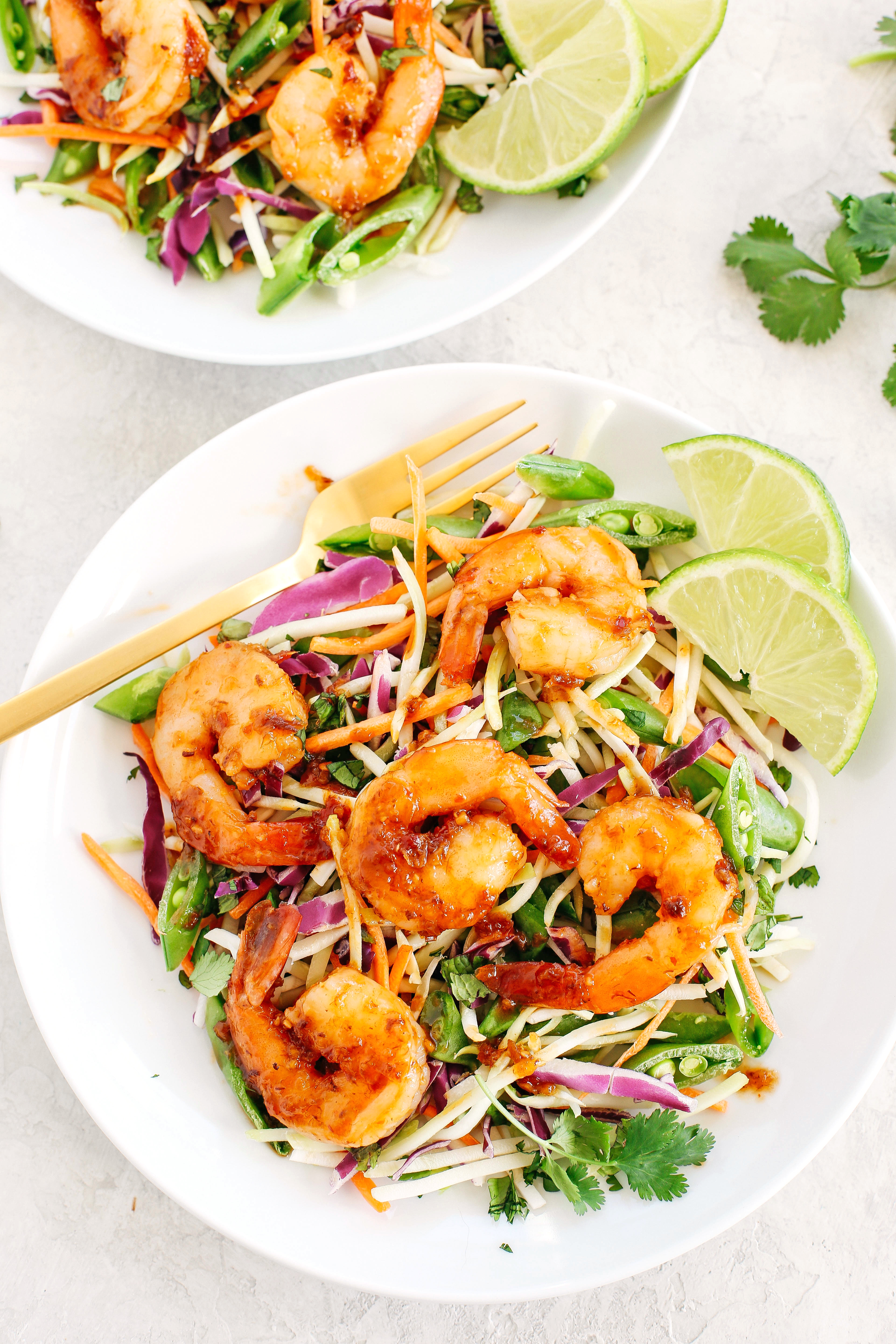 This quick and EASY Asian Shrimp Salad with Ginger Sesame Dressing is complete with all your favorite flavors, crunchy veggies and fresh herbs that can be easily made in just minutes!