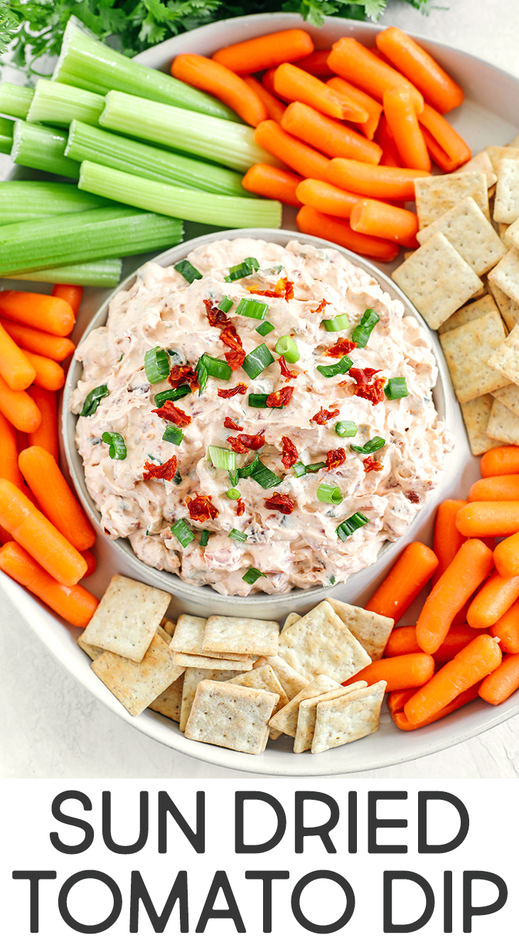 Creamy Sun Dried Tomato Dip made with a delicious mixture of cream cheese, Greek yogurt and chili sauce easily made in just minutes for the perfect appetizer!  Serve with an assortment of fresh veggies and crackers!