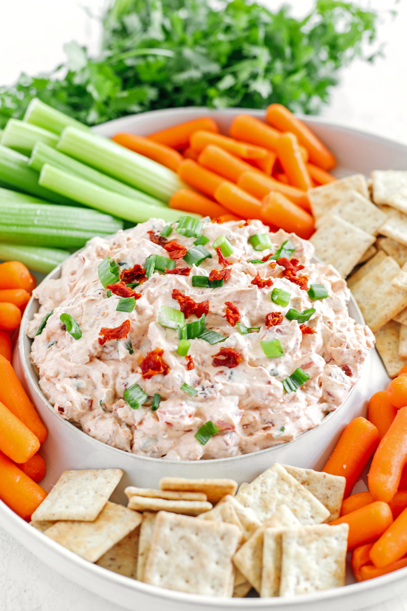 Creamy Sun Dried Tomato Dip made with a delicious mixture of cream cheese, Greek yogurt and chili sauce easily made in just minutes for the perfect appetizer!  Serve with an assortment of fresh veggies and crackers!