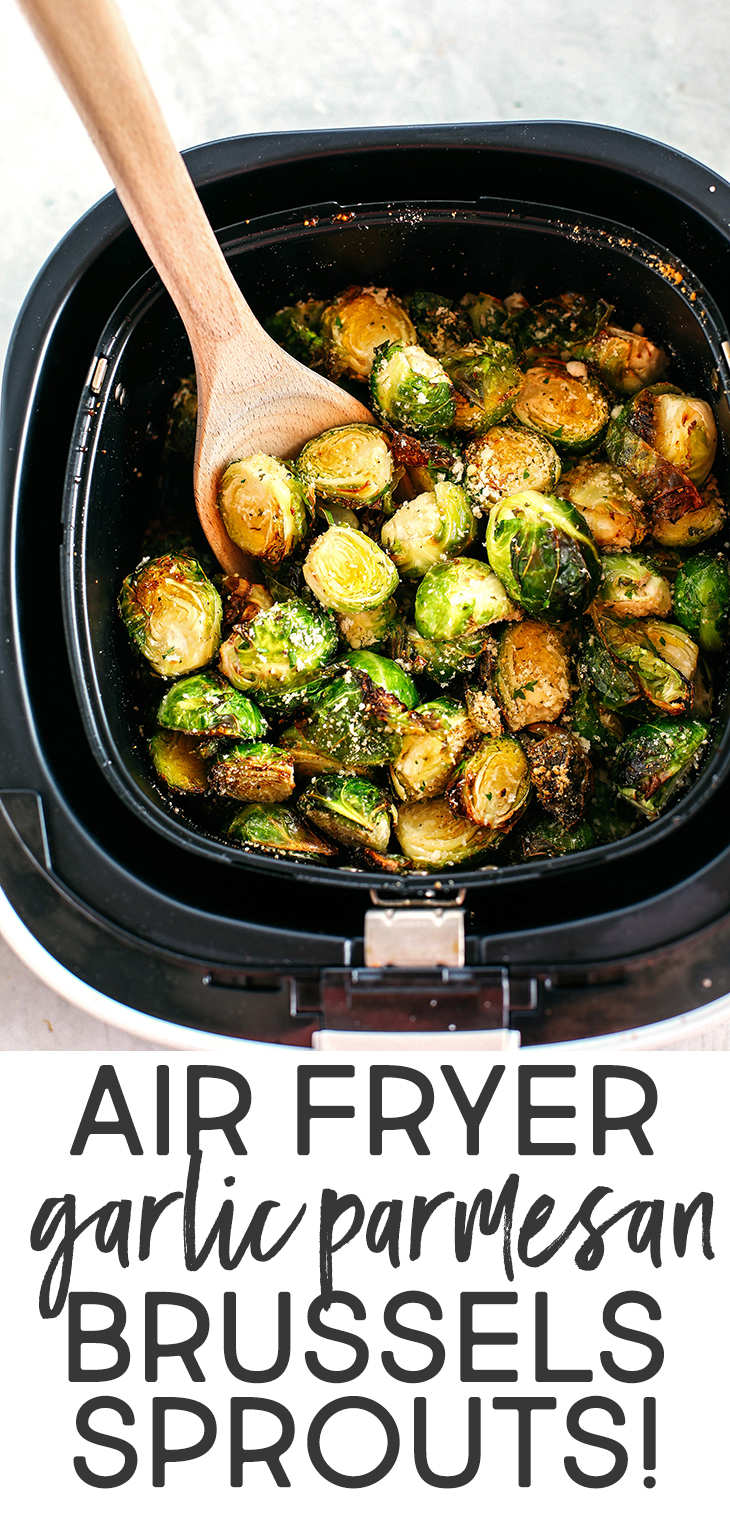 Crispy Garlic Parmesan Brussels Sprouts easily cooked in your air fryer in just 15 minutes for a delicious healthy snack or side dish!