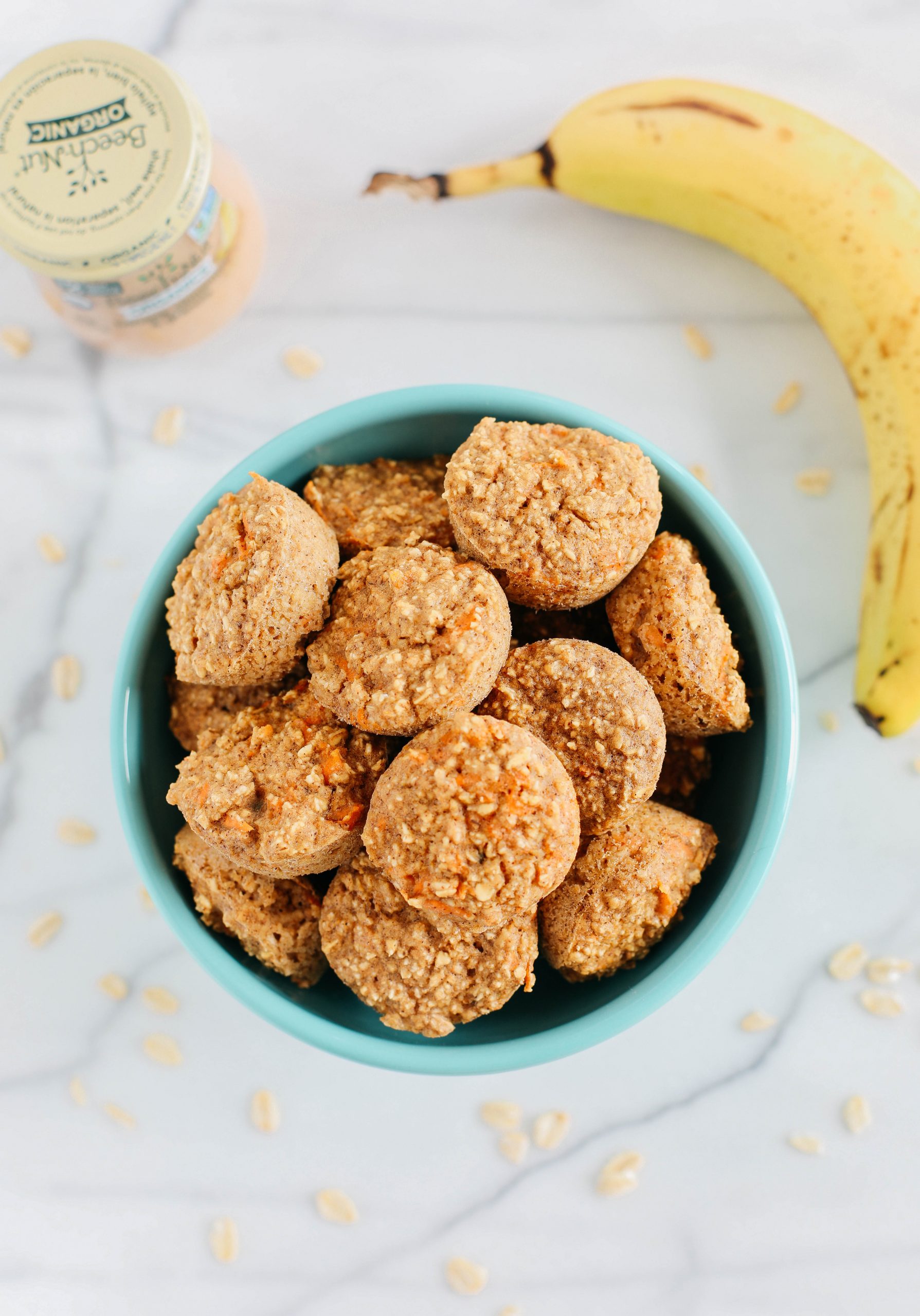 These bite-sized muffins are healthy, nutritious and the perfect way to use up leftover jars of baby food!  No added sugar and your little ones will love them!