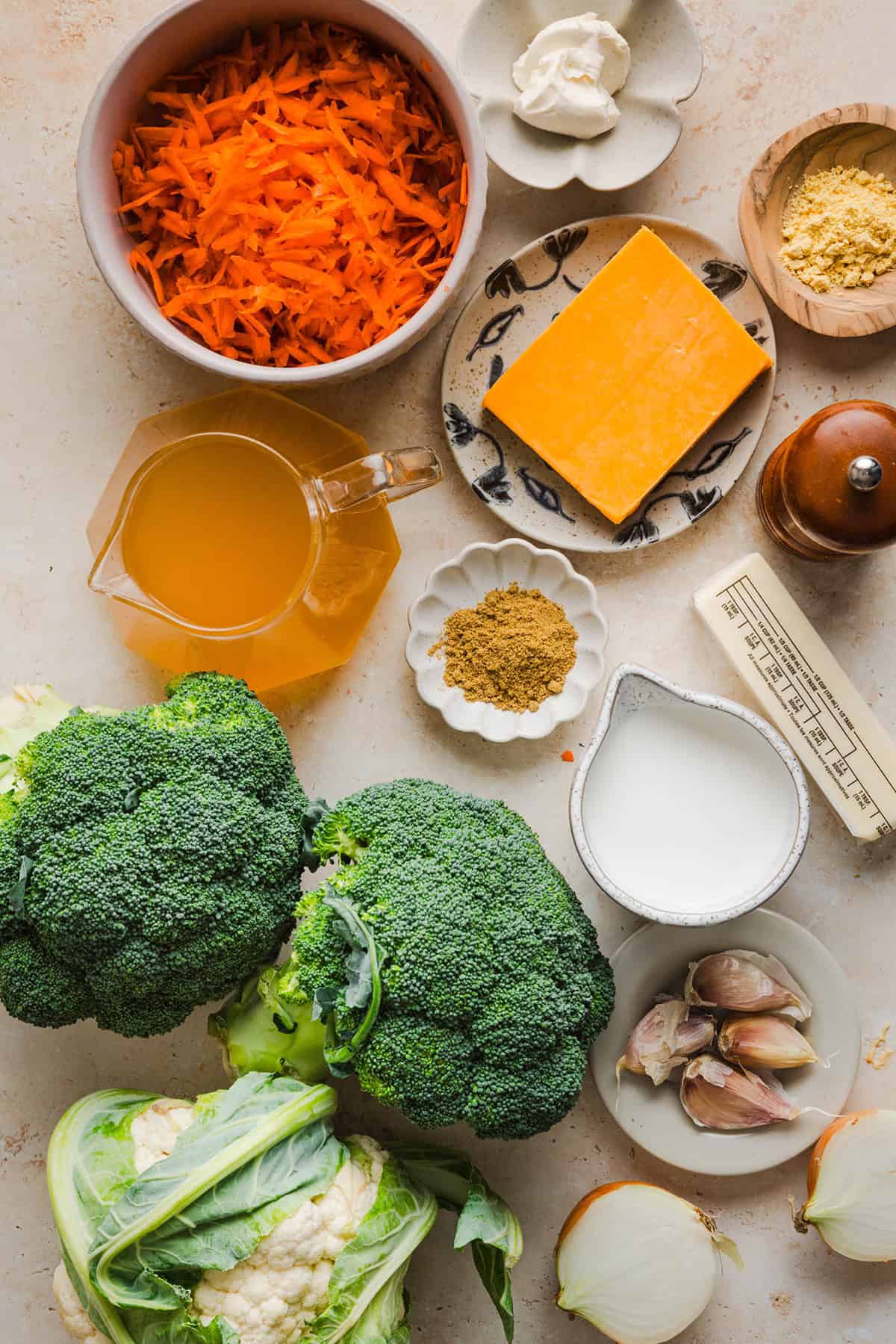 Ingredients for creamy broccoli cheddar soup.