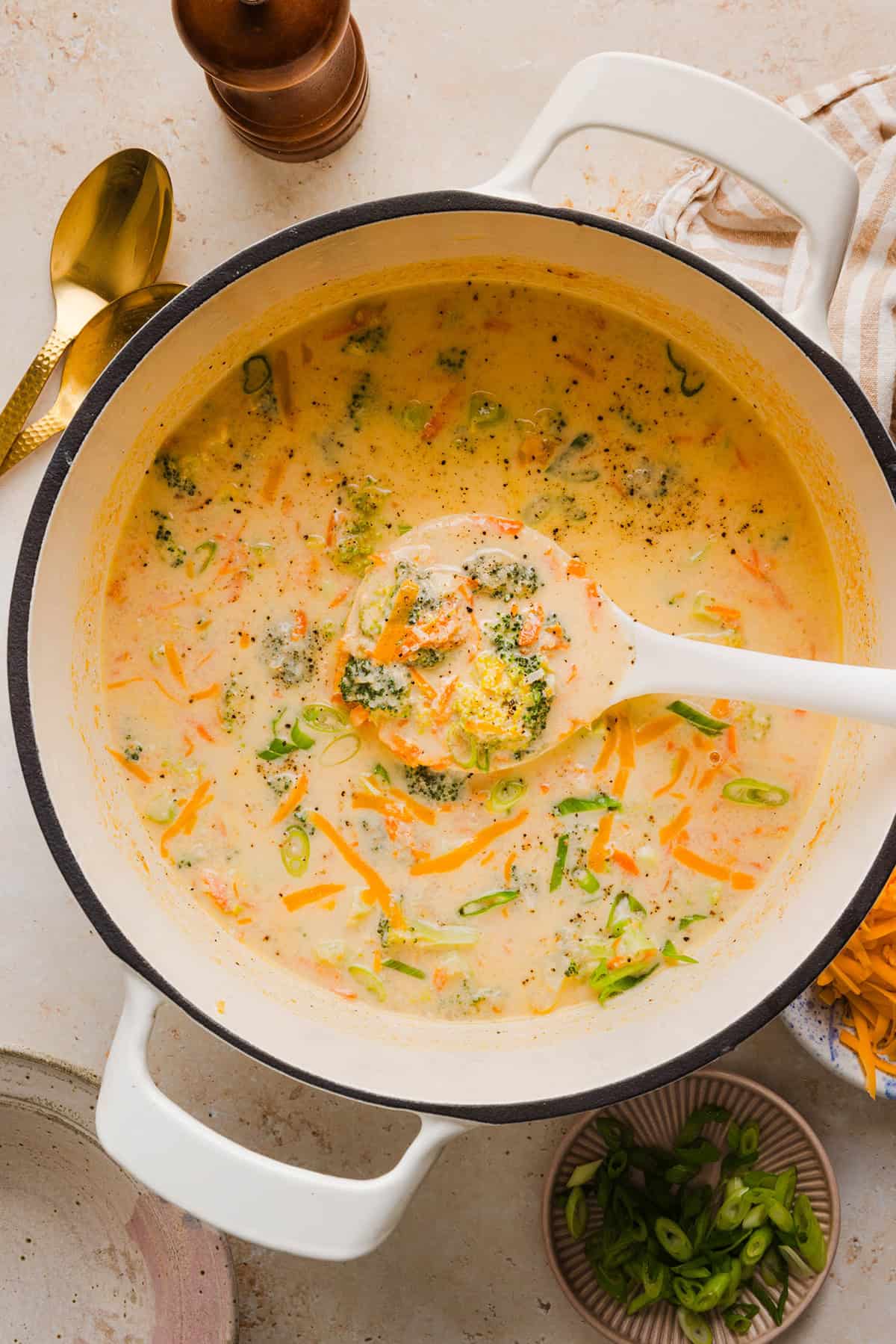Creamy broccoli cheddar soup with broccoli, carrots and shredded cheddar cheese.