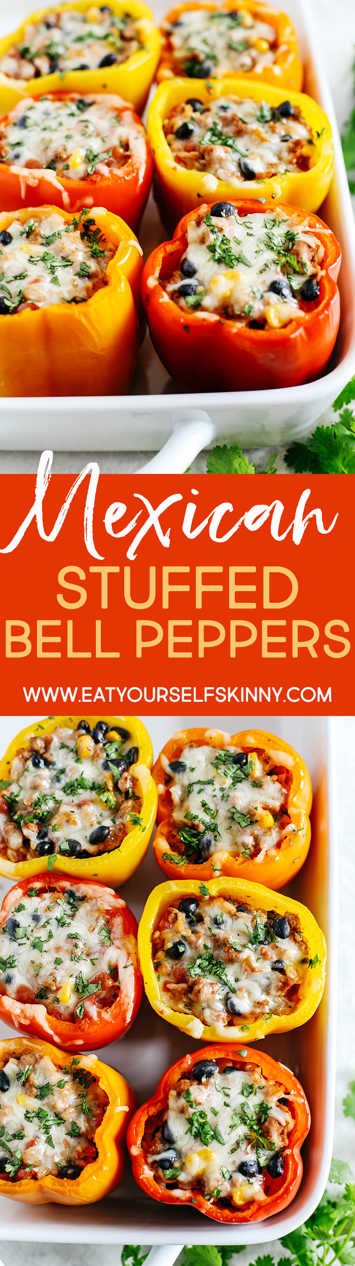 Light and healthy Mexican Stuffed Bell Peppers filled with seasoned ground turkey, brown rice, corn and black beans all topped with melted cheese!