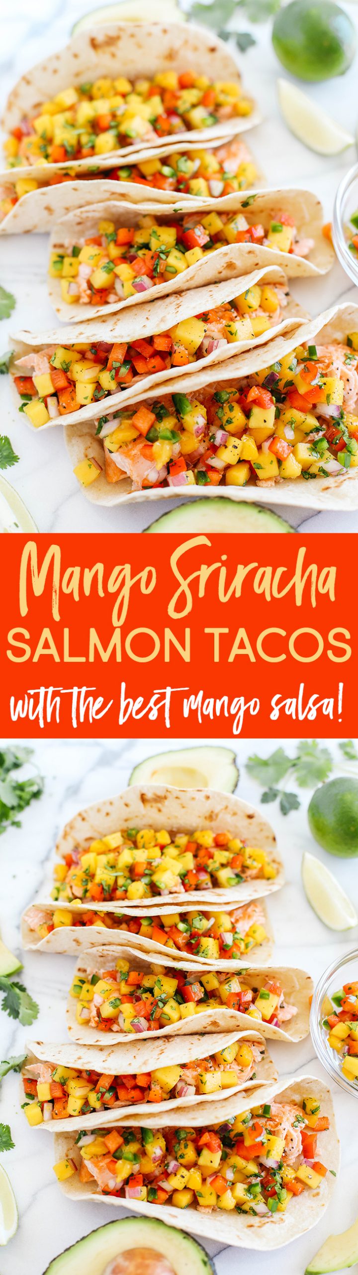 These Mango Sriracha Salmon Tacos make the perfect summer recipe because they are simple, fresh and topped with the most delicious mango salsa!