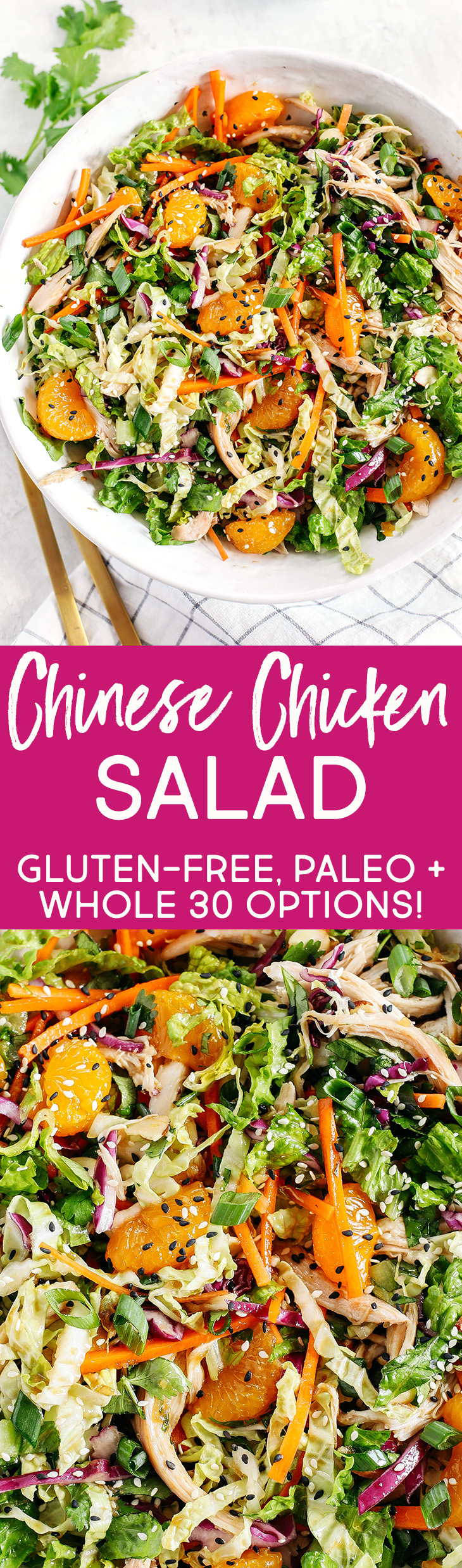 This Chinese Chicken Salad is loaded with fresh lettuce, cabbage, carrots, sweet mandarin oranges, crunchy almonds and cilantro all tossed together with a delicious ginger-sesame vinaigrette!