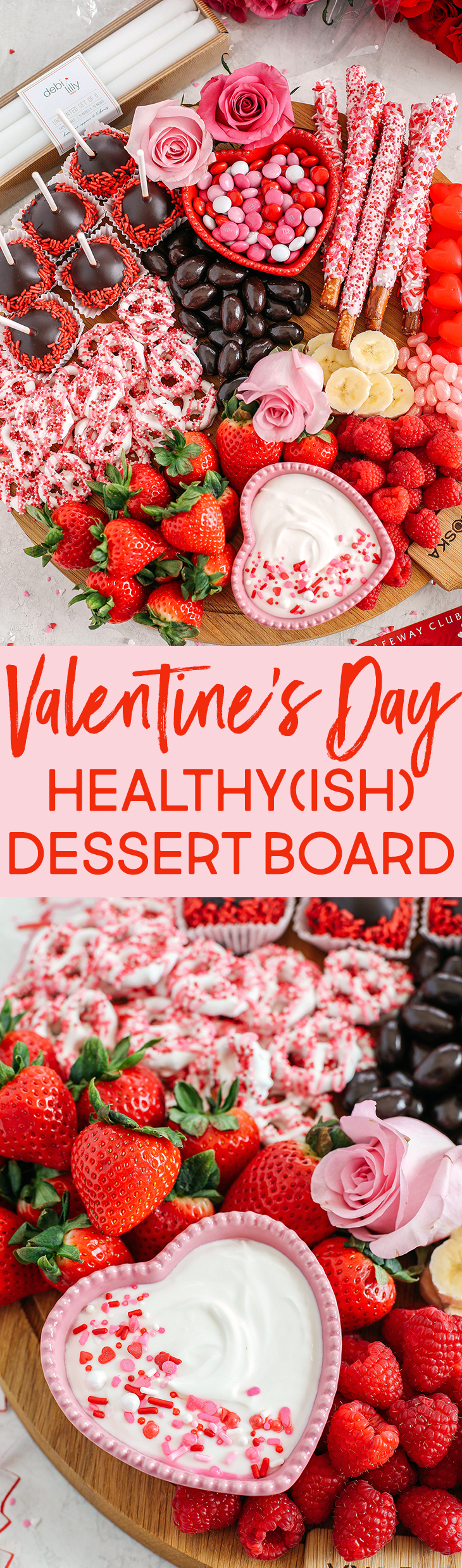 Celebrate Valentine's Day with a fun and festive dessert board made with healthier options like yogurt-dipped pretzels, chocolate covered almonds, fresh fruit and a honey yogurt dipping sauce!