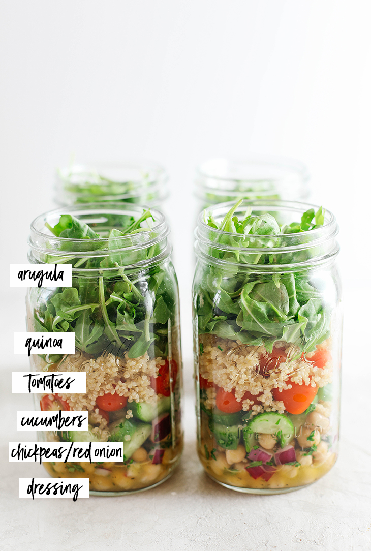 These protein-packed Mediterranean Mason Jar Salads are layered with fresh veggies, quinoa, and chickpeas with the most delicious lemon garlic dressing!  Perfect for meal prep and super easy to assemble! 