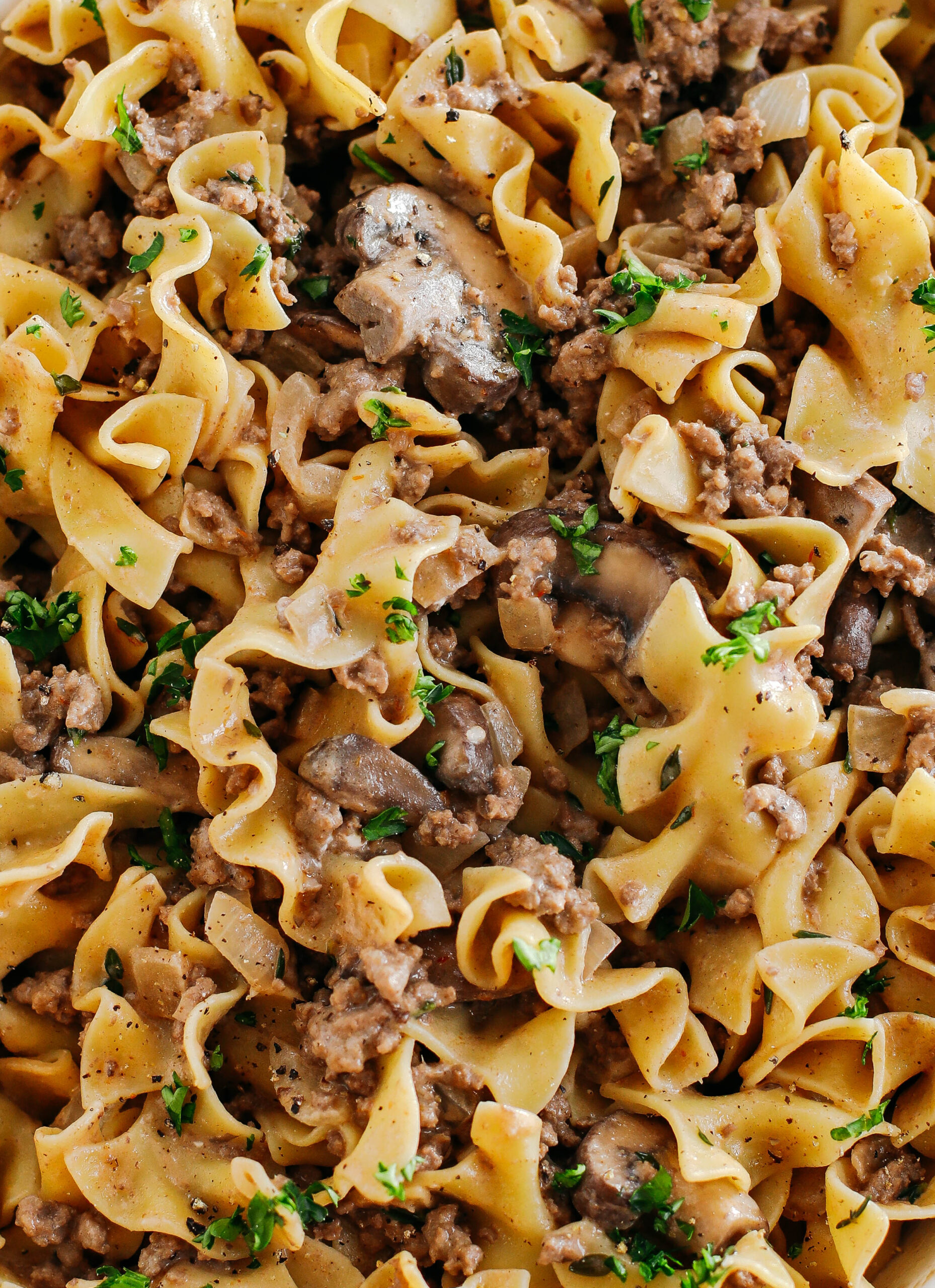 This Easy Beef Stroganoff Casserole is the ultimate family-friendly comfort food! The perfect weeknight meal made with egg noodles and smothered in the most delicious creamy mushroom sauce in just 30 minutes!