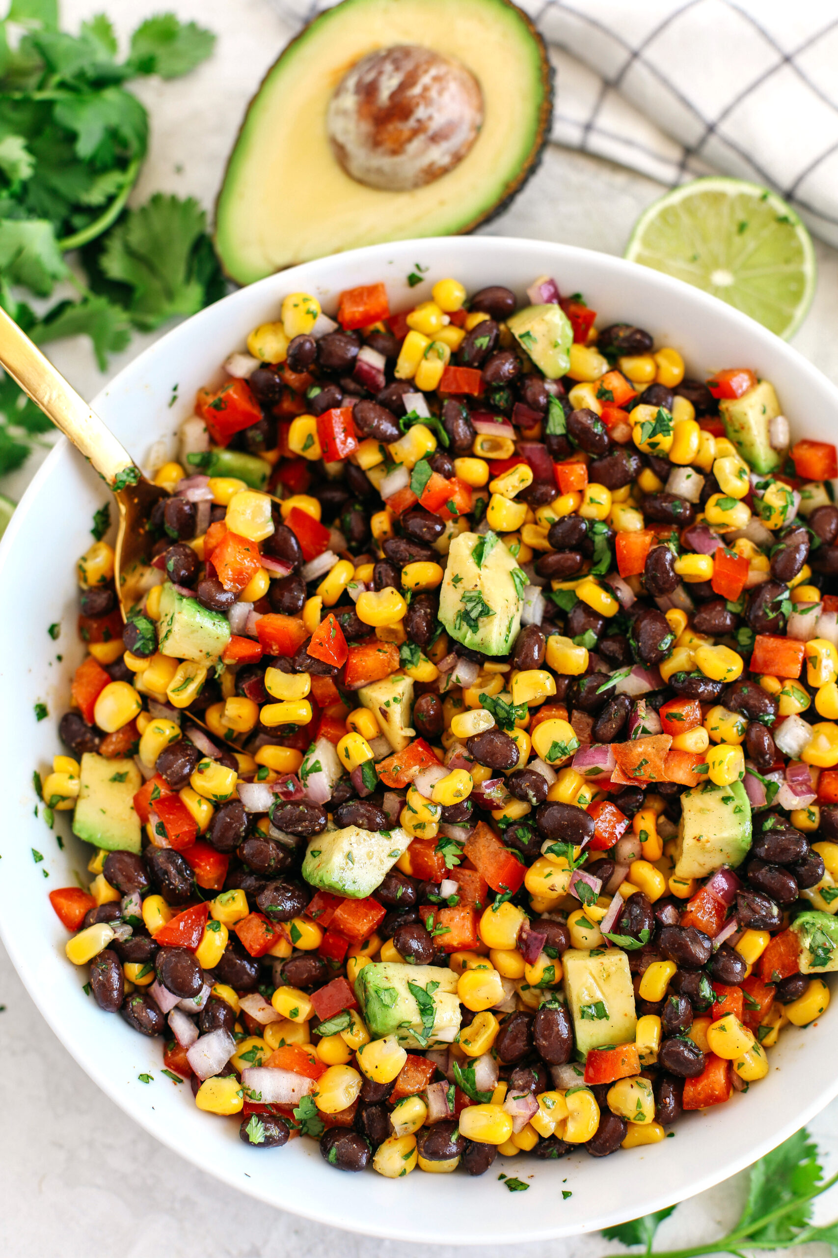 This Black Bean and Corn Salad is loaded with crisp veggies, delicious spices and fresh cilantro, all tossed together in a zesty lime dressing making it the perfect summer side dish or dip!