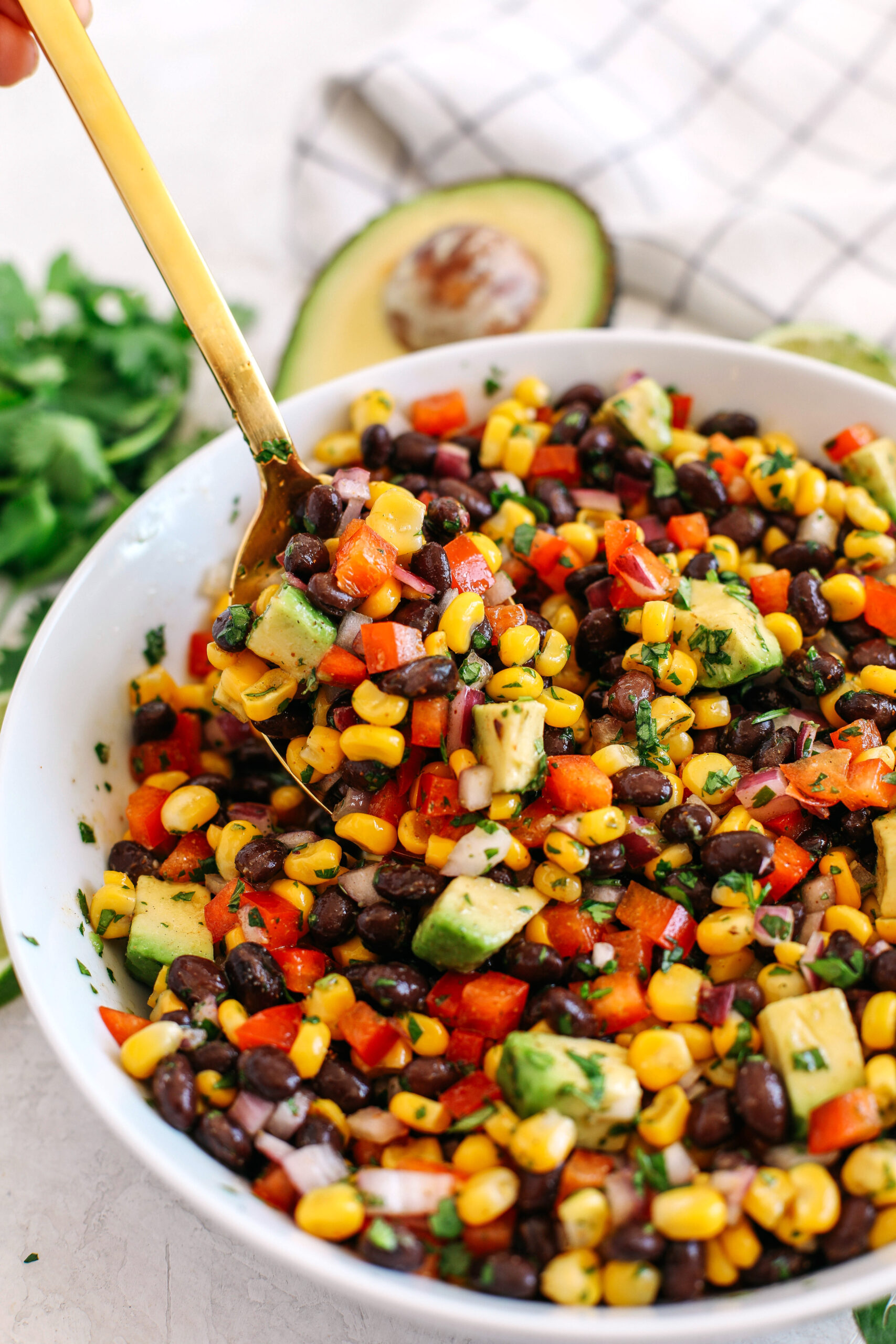 This Black Bean and Corn Salad is loaded with crisp veggies, delicious spices and fresh cilantro, all tossed together in a zesty lime dressing making it the perfect summer side dish or dip!