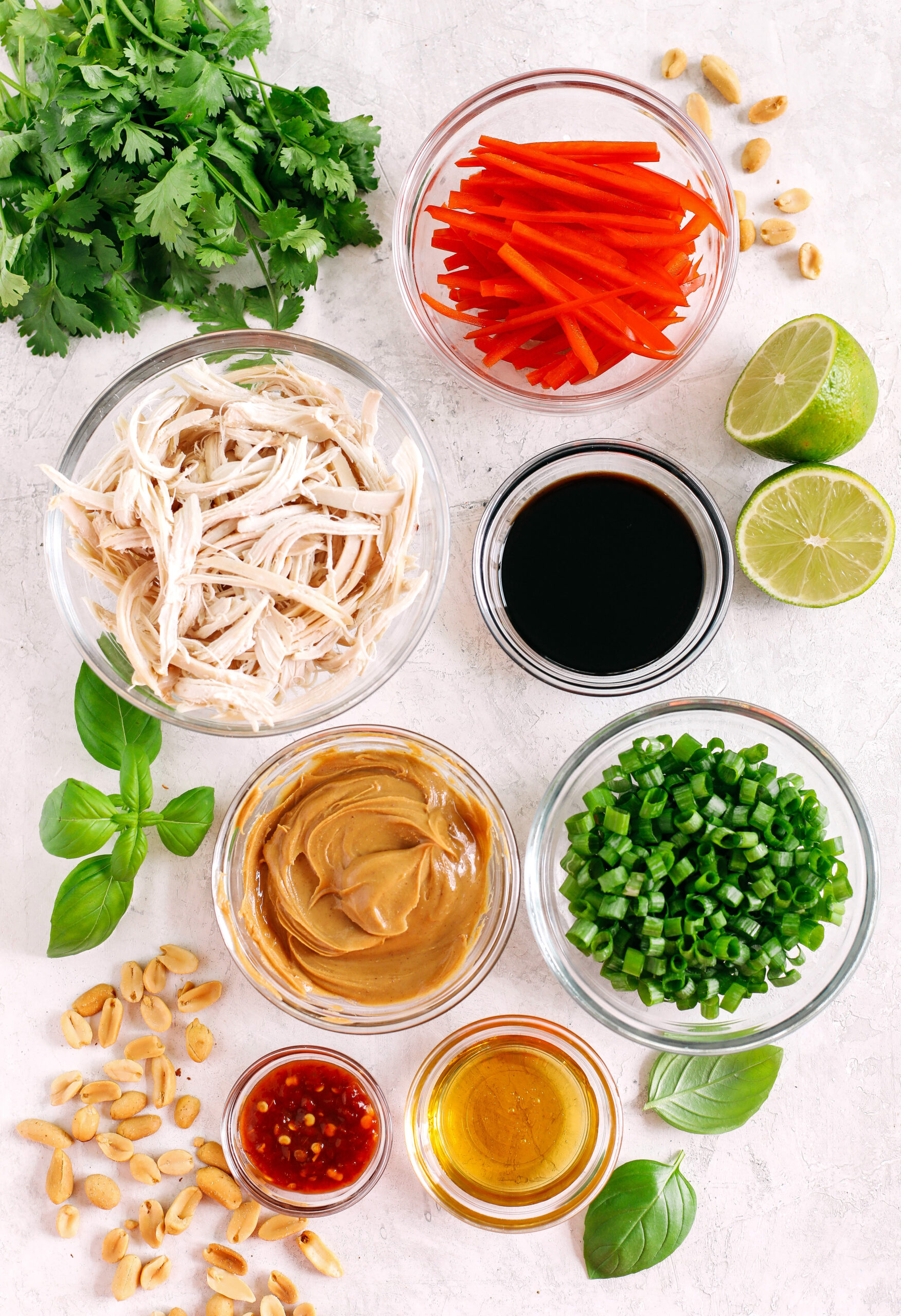 These Asian Peanut Noodles are loaded with shredded chicken, bell pepper, green onions, crunchy peanuts and fresh herbs all tossed together in a delicious peanut sauce!