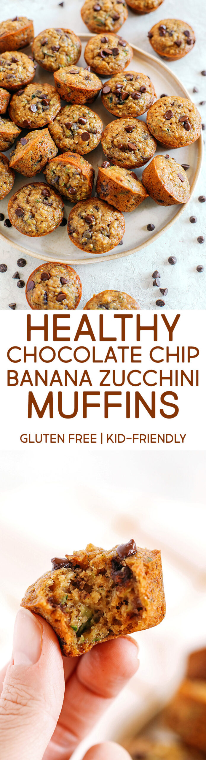 Healthy bite-sized Chocolate Chip Banana Zucchini Muffins that are moist and delicious with hidden veggies and naturally sweetened with banana and honey!