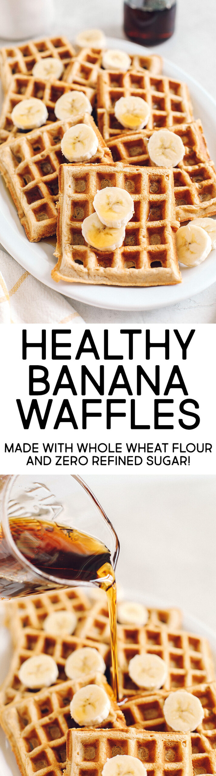 Light and fluffy Whole Wheat Banana Waffles with perfectly crisp edges, warm spices and made with zero refined sugar for the perfect healthy morning breakfast!