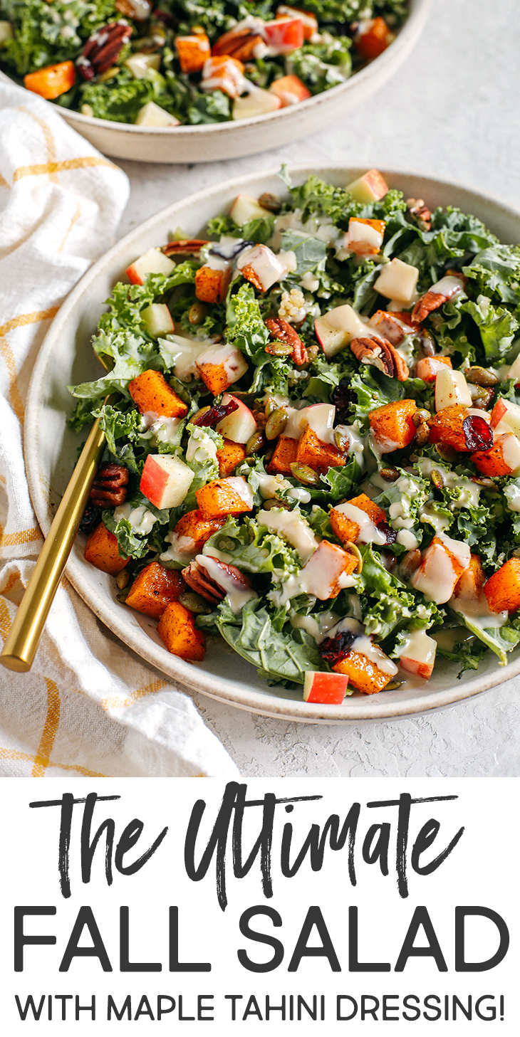 The ultimate powerhouse Fall Salad made with leafy kale, protein-packed quinoa, crisp apples, roasted butternut squash, spiced pepitas and pecans, all drizzled in the most delicious maple tahini dressing!