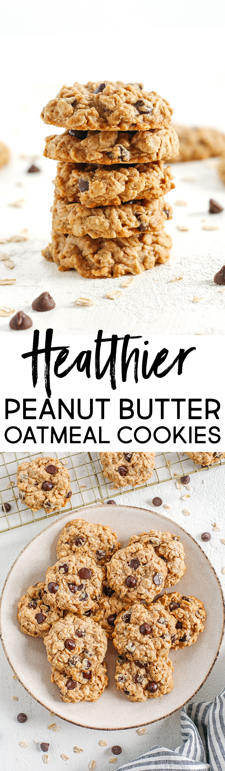 Soft and chewy Peanut Butter Oatmeal Cookies made healthier with wholesome ingredients, zero butter or refined sugar, and delicious chunks of chocolate in every bite! 