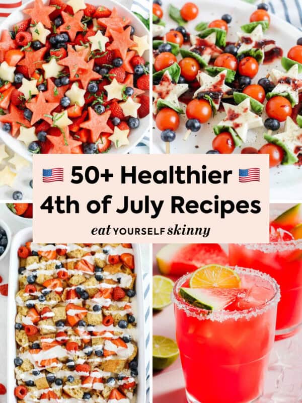 Celebrate the 4th of July holiday with over 50 of my favorite healthier recipes perfect for an all-American spread!ย Everything from fresh summer salads and grilled favorites to healthy sides, appetizers, and light desserts. Perfect for BBQs, cookouts, picnics, and holiday celebrations!