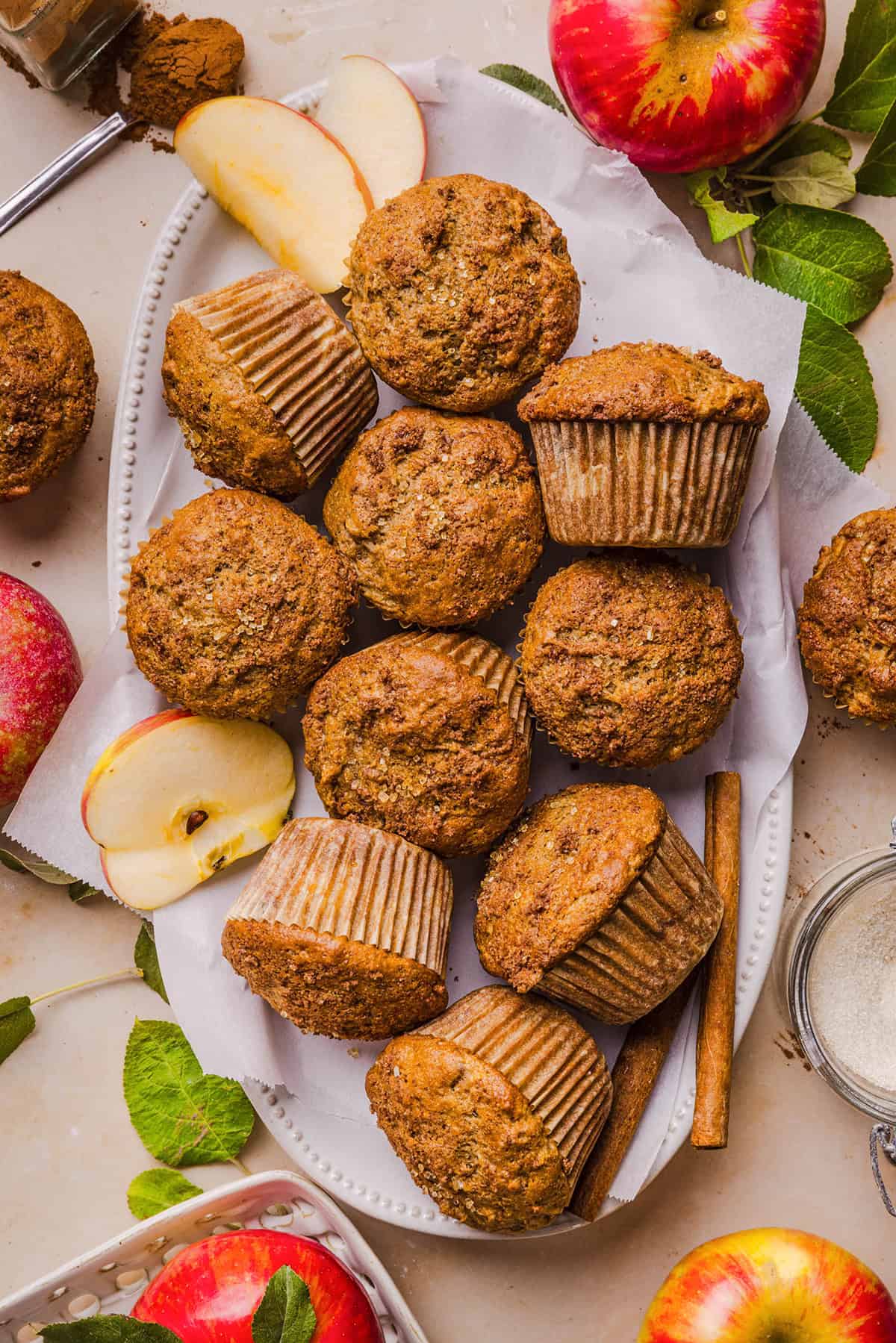 Healthy apple cinnamon muffin with fresh apple and warm spices