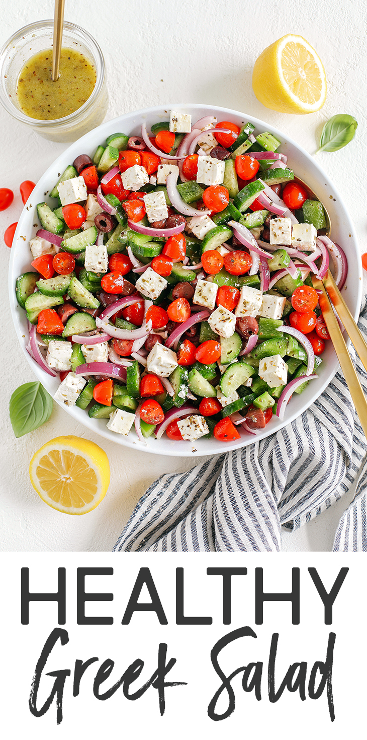 Easy and delicious Healthy Greek Salad made with fresh tomatoes, crisp cucumbers, red onion, bell pepper, kalamata olives and feta cheese all tossed with a bright lemon vinaigrette!