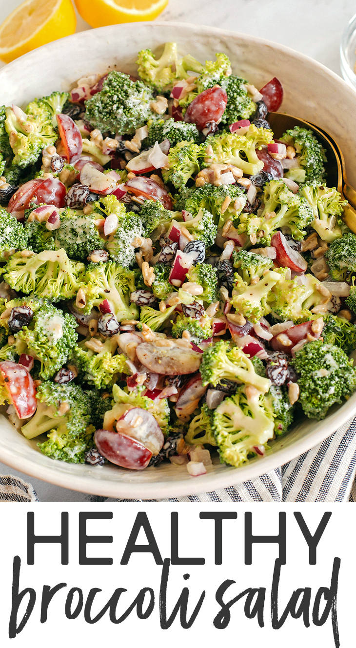 This Healthy Broccoli Salad is loaded with fresh broccoli, juicy grapes, red onion, crunchy sunflower seeds and raisins all tossed with a delicious zesty honey dijon dressing made with Greek yogurt instead of mayo!  