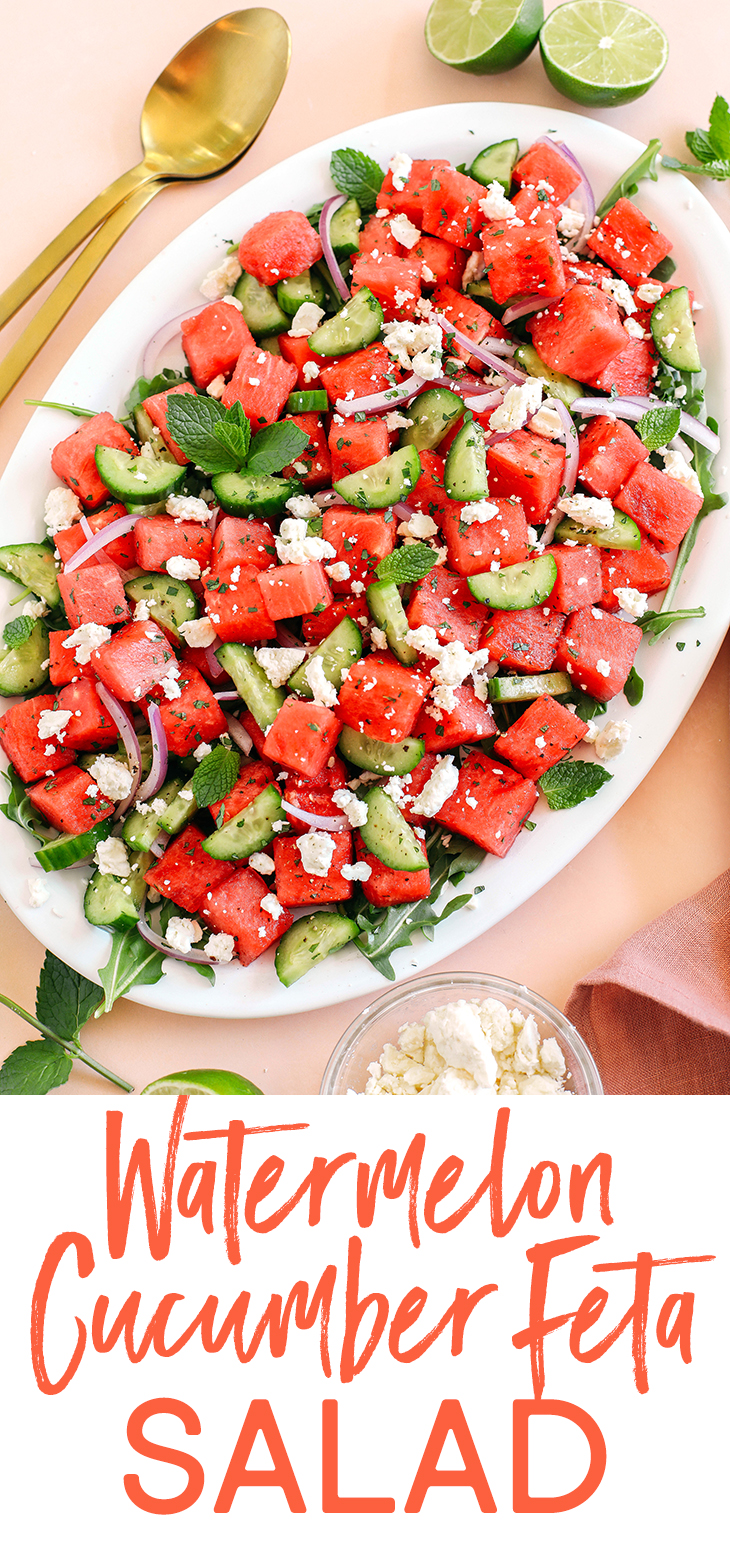 This Watermelon, Cucumber and Feta Salad is bright, refreshing and the perfect summer side dish!  Simple to throw together and drizzled with the most delicious honey lime dressing!
