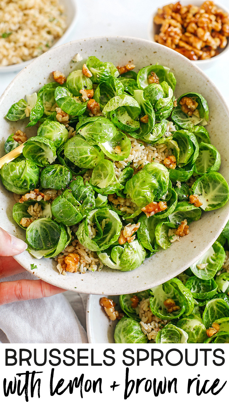 Easy and flavorful sautéed Brussels Sprout and Brown Rice Salad that makes the perfect side dish loaded with garlic, bright lemon flavor and crunchy walnuts! 